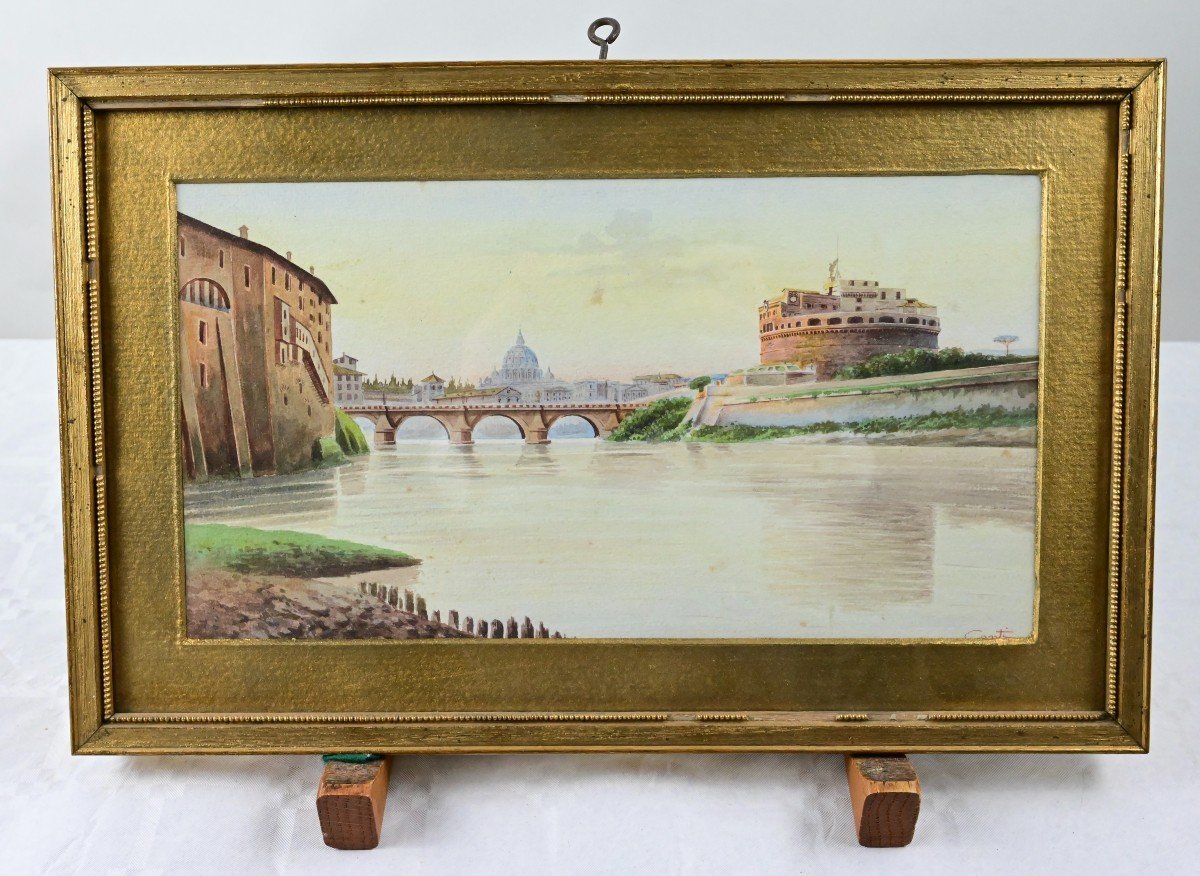 Roman Landscape Castel San't Angelo And River Tiber Watercolour Signed Conti, Italy Late 19th 